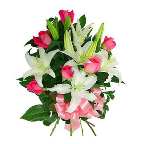 Pink Roses And White Lilies